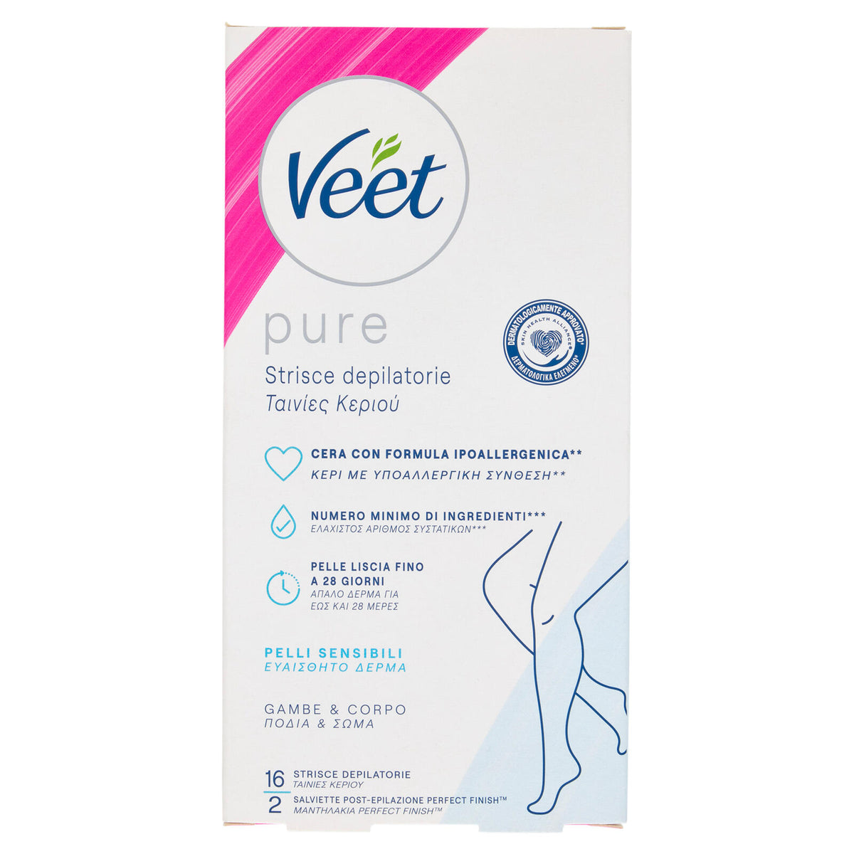 Veet Pure Strisce Depilatorie Corpo e Gambe, Ipoallergeniche, Confezione da 16 Strisce (25613333)